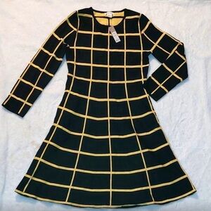 LuLaRoe Long Sleeve A-Line Knit Dress | Size L | Black & Mustard Grid | NWT